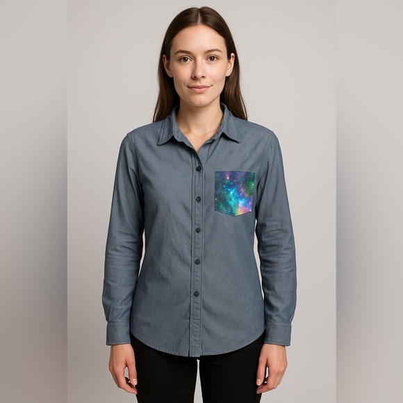 On the Byas Denim Blue Button Down Shirt - Picture 8 of 8